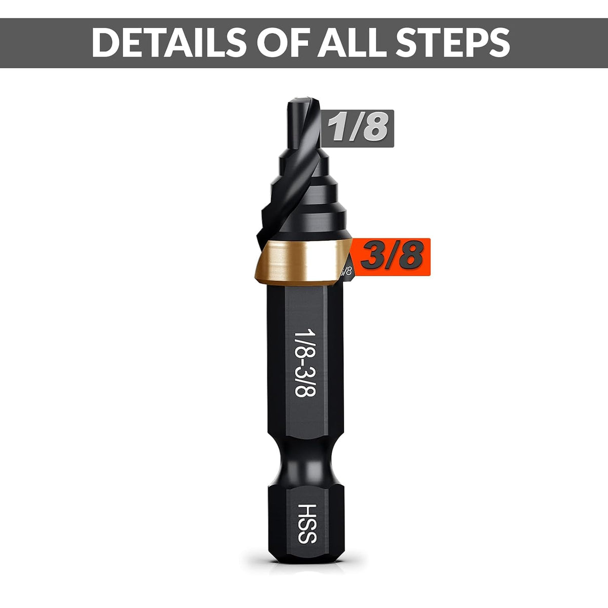 THINKWORK Step Drill Bit, HSS Single Size Step Drill Bit 1/8"-3/8", Mini Portable Unibit, 1/4" Hex Shank Step Bits for Soft Metal, Steel, Wood, Plastic