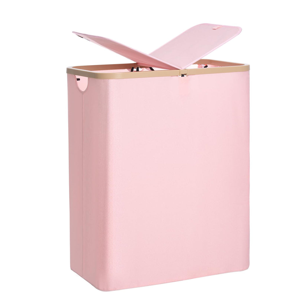160L Double Laundry Basket Hamper with Lid & Removable Bags, Pink