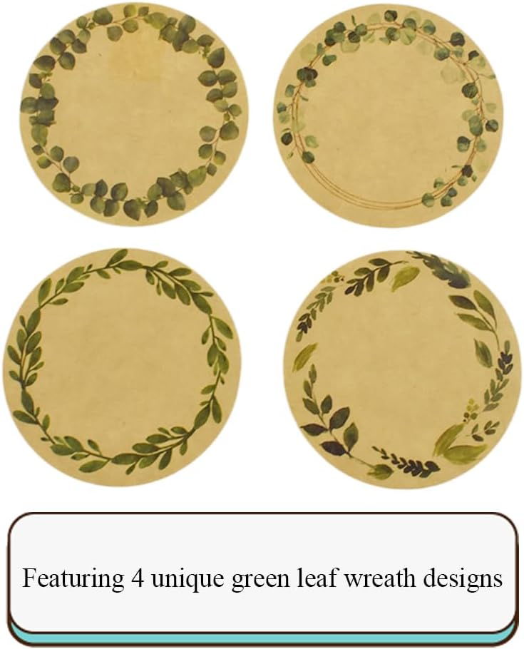 2In 500P Round Natural Brown Kraft Stickers with Green Leaf Wreath Design - 4 Unique Styles Blank Kraft Labels Roll