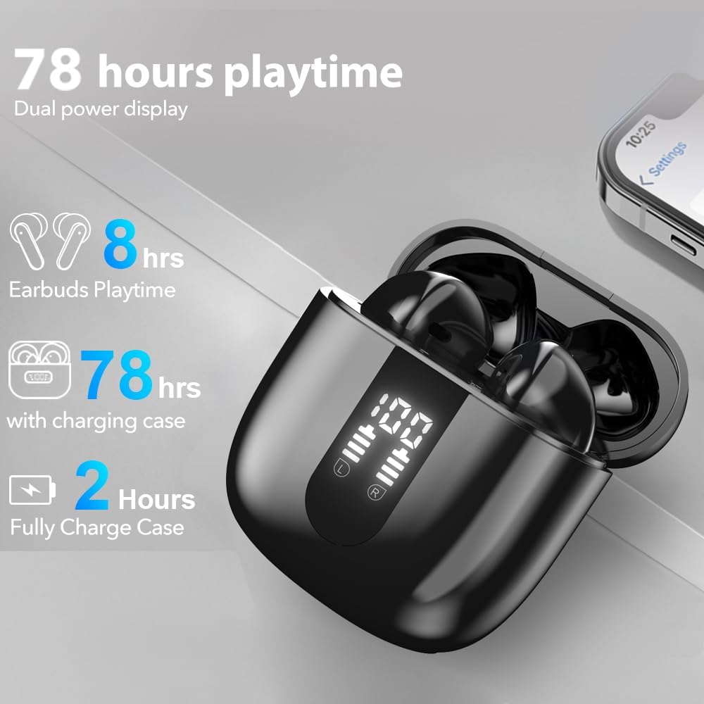 Bluetooth Earbuds Wireless Headphones, 60H Deep Bass Ear Buds with 4 Noise Cancelling Microphone, IP5 Waterproof