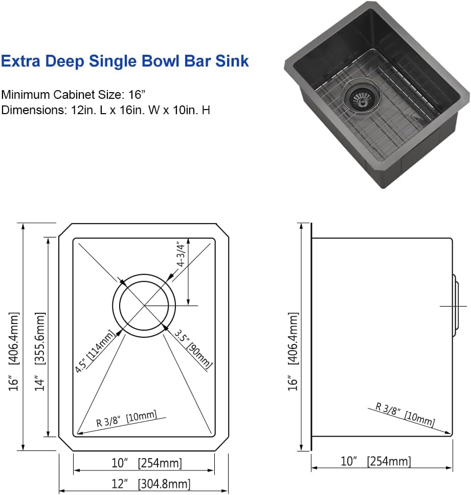 12x16 Bar Sink Undermount rv Kitchen Sink black Stainless Steel