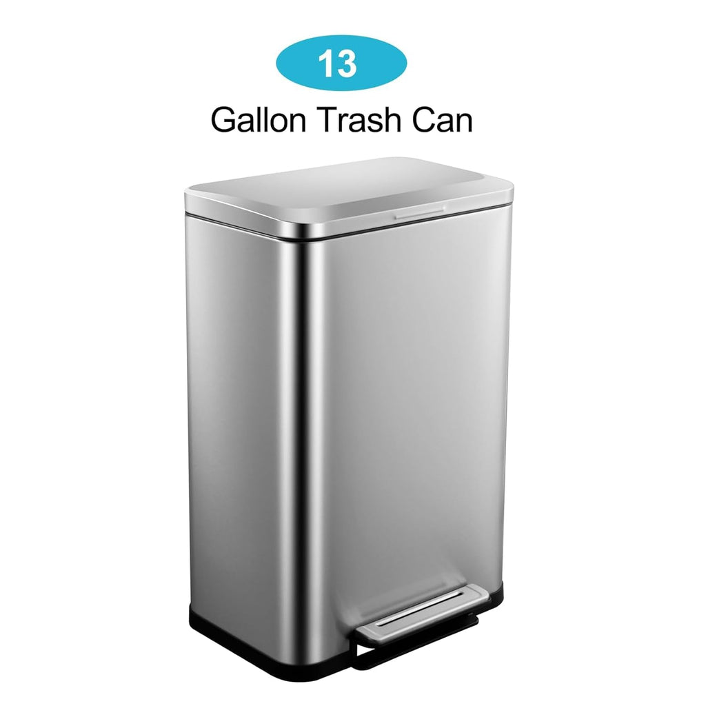 Hands-Free Pedal Kitchen Trash Can – 13 Gallon Stainless Steel Garbage Bin with Lid, Rectangular, Soft Close