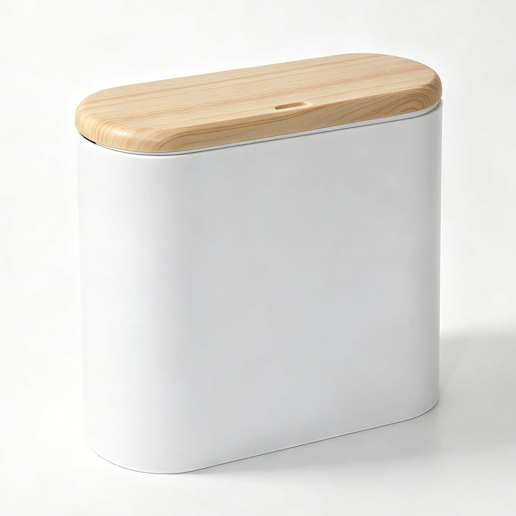 Small Bathroom Trash Can with Lid, 2.6 Gal, Faux Wood Grain Top | White Slim Wastebasket - Odor & Pet Proof, Inner