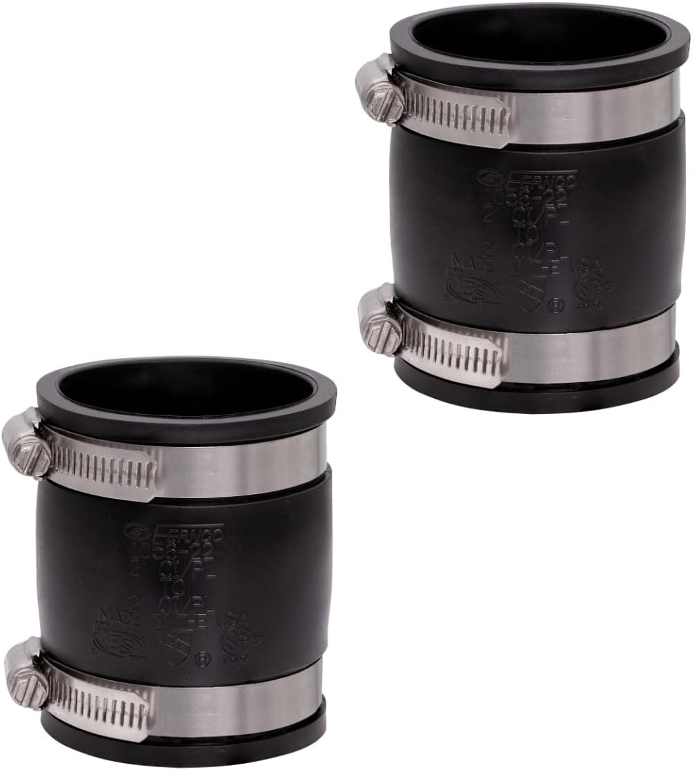 Fernco 1056-22 2-in. Flexible PVC Pipe Coupling for Cast Iron and Plastic Plumbing Connections, 2–Pack