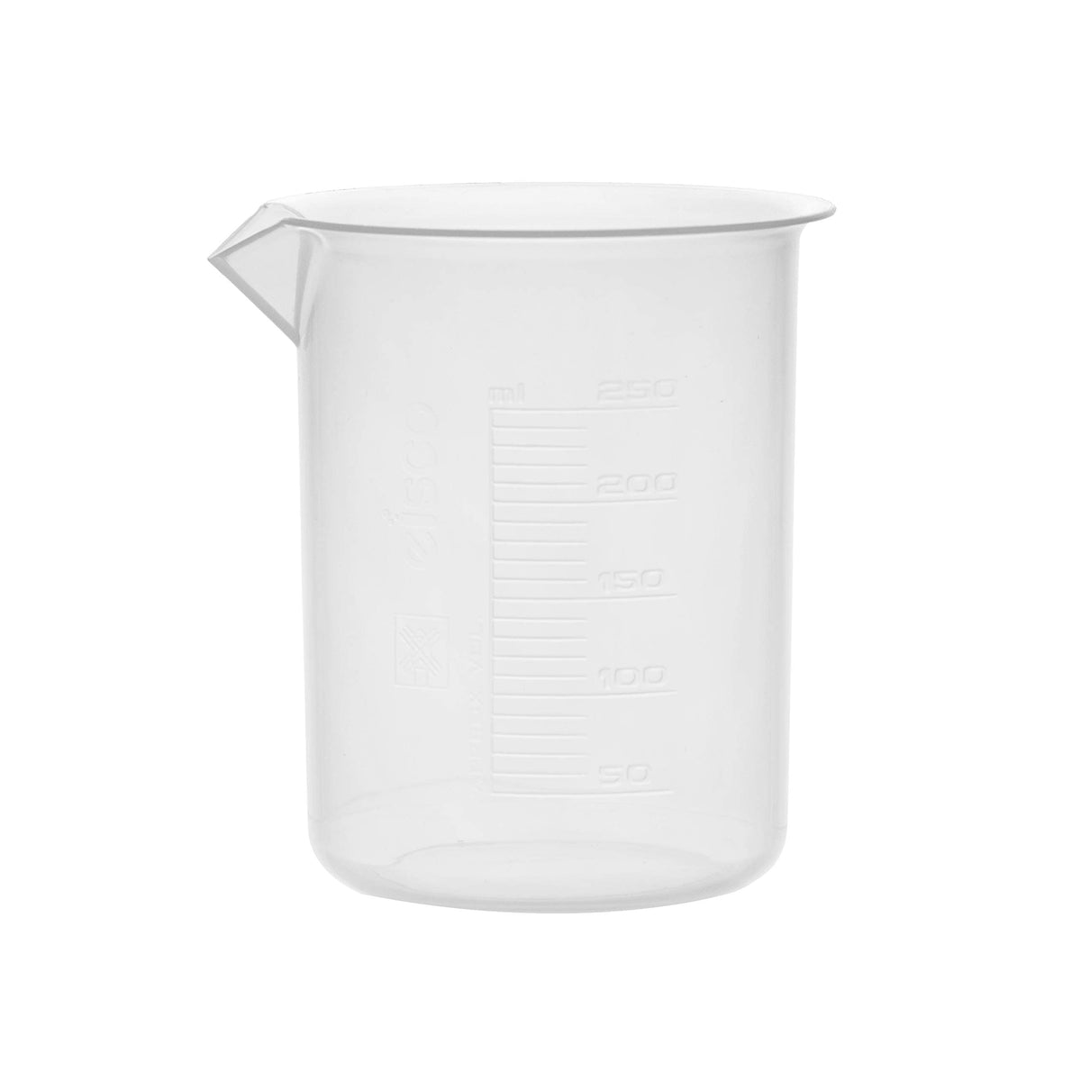 12PK Plastic Beakers, 250ml - Polypropylene Plastic - Raised Graduations, Tapered Spout - Euro Design