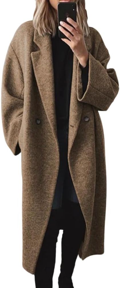 Women's Winter Double Breasted Wool Coat Long Sleeve Notch Lapel Long Trench Coat