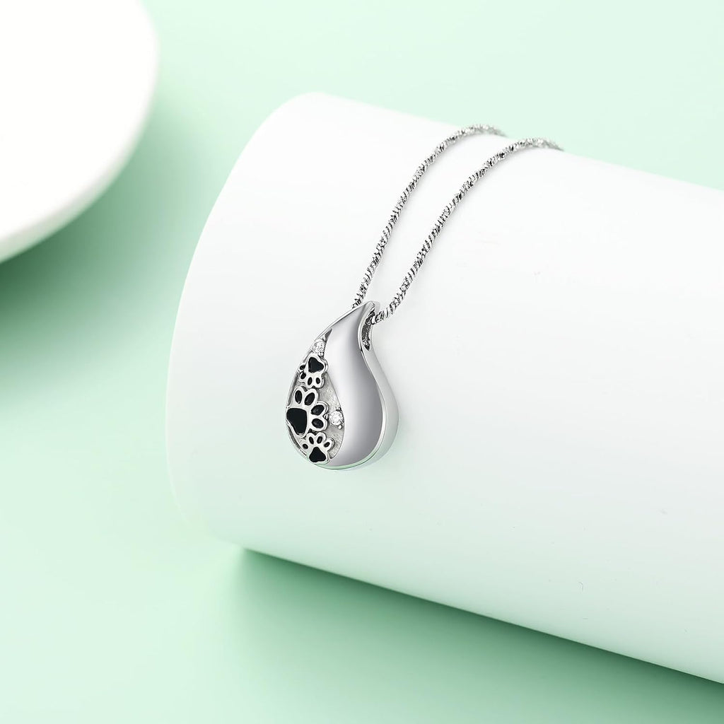 Pet Paw Print Teardrop Urn Necklace for Ashes for Dog/Cat Ashes Keepsake Memorial Pet Cremation Jewelry