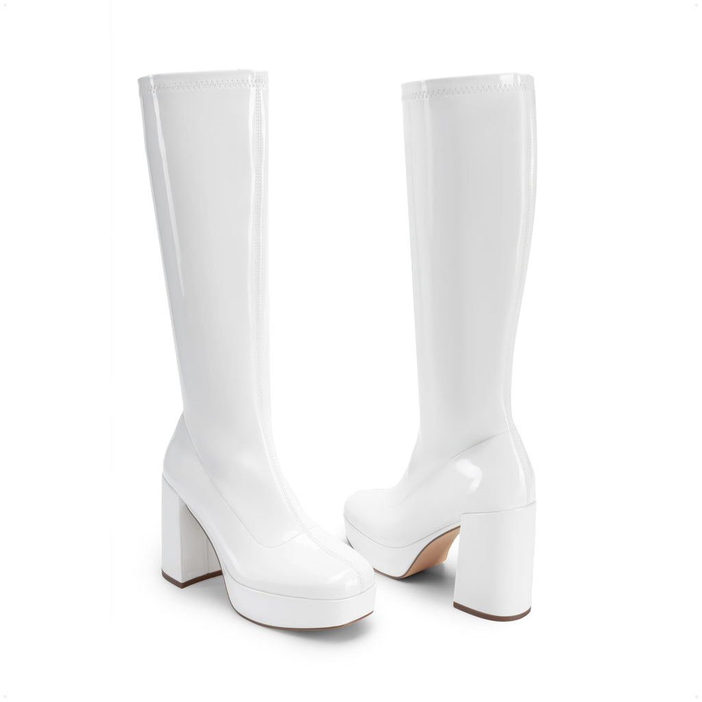 Women's Gogo Knee High Chunky Heel Boots,Size 11,White-Pat