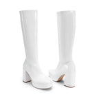 Women's Gogo Knee High Chunky Heel Boots,Size 11,White-Pat