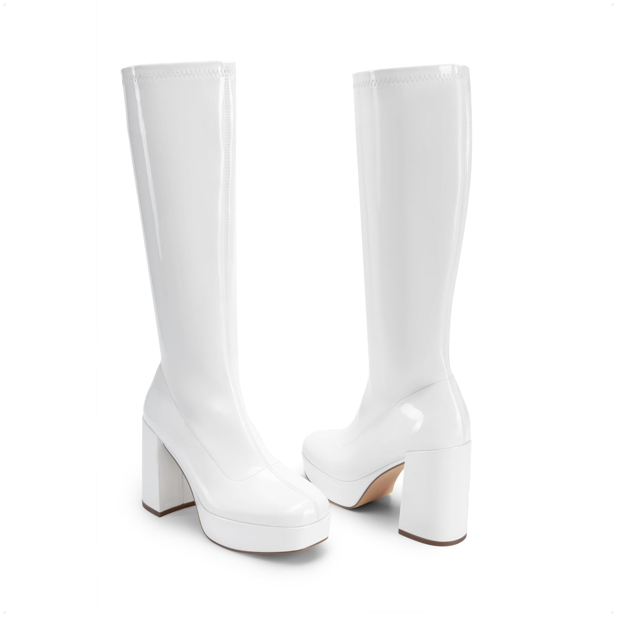 Women's Gogo Knee High Chunky Heel Boots,Size 11,White-Pat