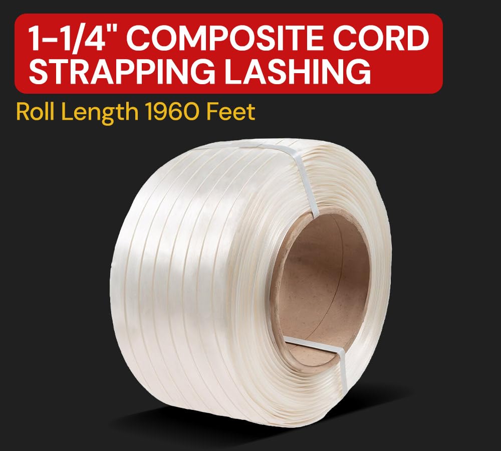 1-1/4”x1960’ Composite Cord Strapping Roll 8”x8” Core Size - 5700 lbs Breaking Strength - High Tenacity White Poly