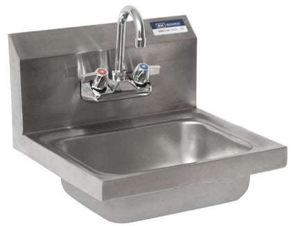 BK Resources BKHS-W-1410-P-G Wall Mount Stainless Steel Hand Sink with 4" On Center Splash Mount 3.5" Gooseneck Faucet, 14" Wide x 10" Front-to-Back x 5" Deep Bowl