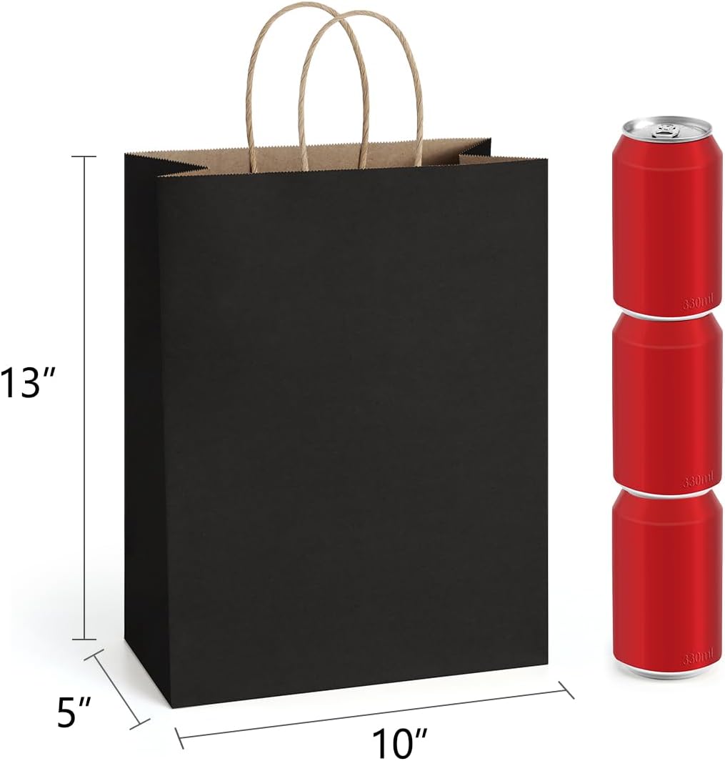 Kraft Paper Bags with Handles 10x5x13 Inch Black 50 Pack Bulk