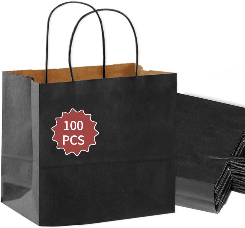 Black Gift Paper Bags with Handles Bulk 100 Pack 13x7x14 Inch