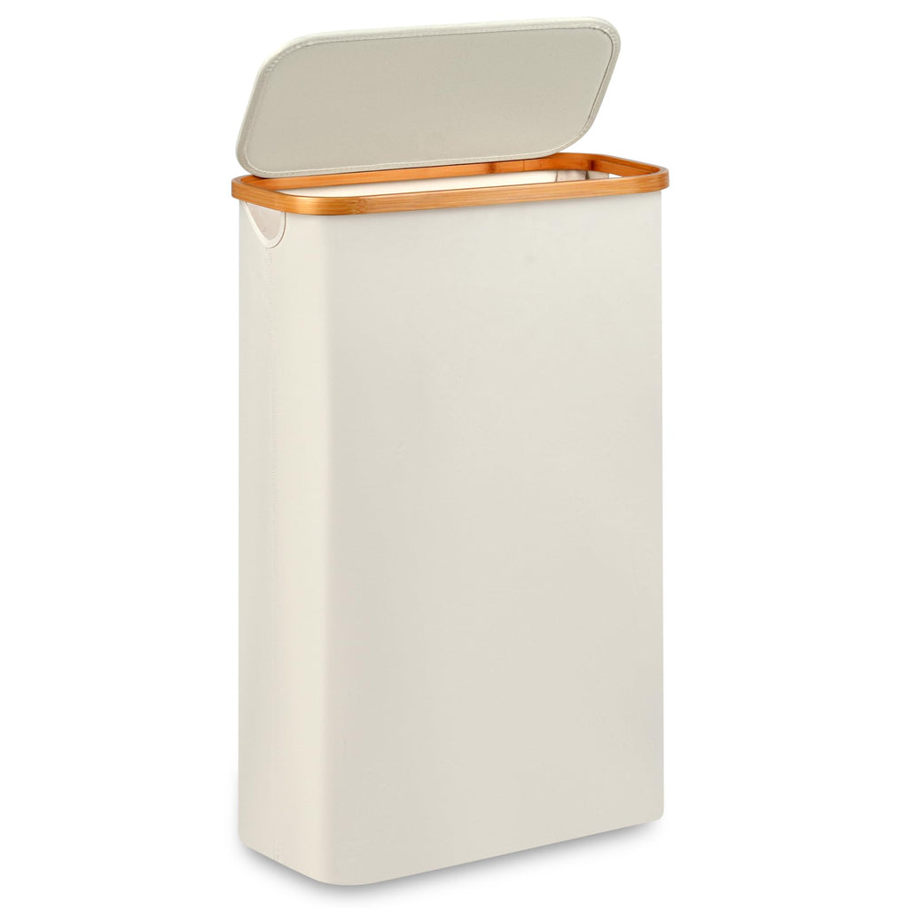 Slim Laundry Hamper,Narrow laundry Hamper with Lid,60L Hamper for Laundry,Dirty Cloth Hamper with Bamboo Handle for