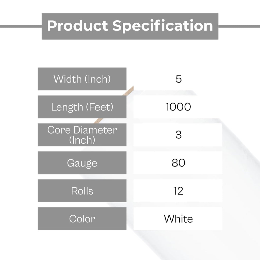 White Stretch Wrap, 12 Pack, 5 Inch, 1000 Feet/Roll