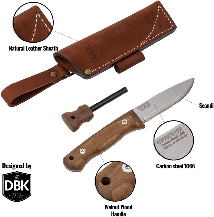 Bushmate 2.0 Designed by DBK - Bushcraft Knife - Fixed-Blade Carbon Steel Knife with Leather Sheath & Firestarter