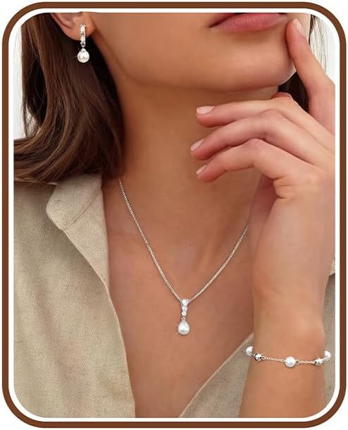 14K Gold Plated Pearl Jewelry Set for Women - 925 Sterling Silver Post Dangle Earrings Dainty Pearl Necklace Bracelet