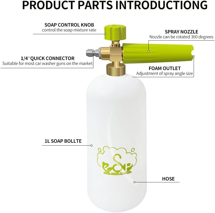 ESP Foam Cannon Snow Foam Lance Pressure Power Jet Washer Quick Release Adjustable Nozzle with 1 Liter Bottle Washing