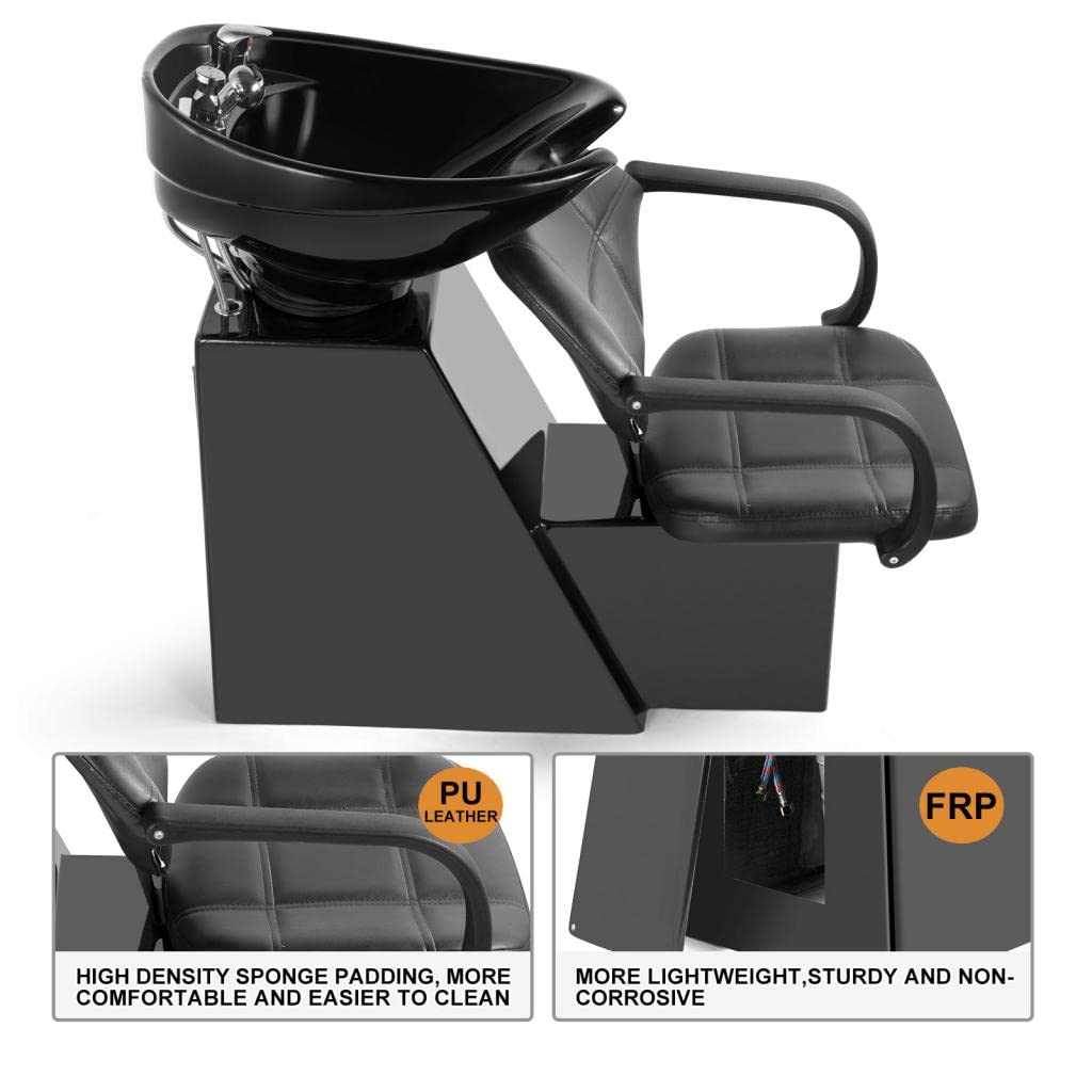 Shampoo Bowl Backwash Barber Chair Ceramic Bowl (Black) | Adjustable Bowl, Sink W/Rubber Headrest, Salon Beauty Spa