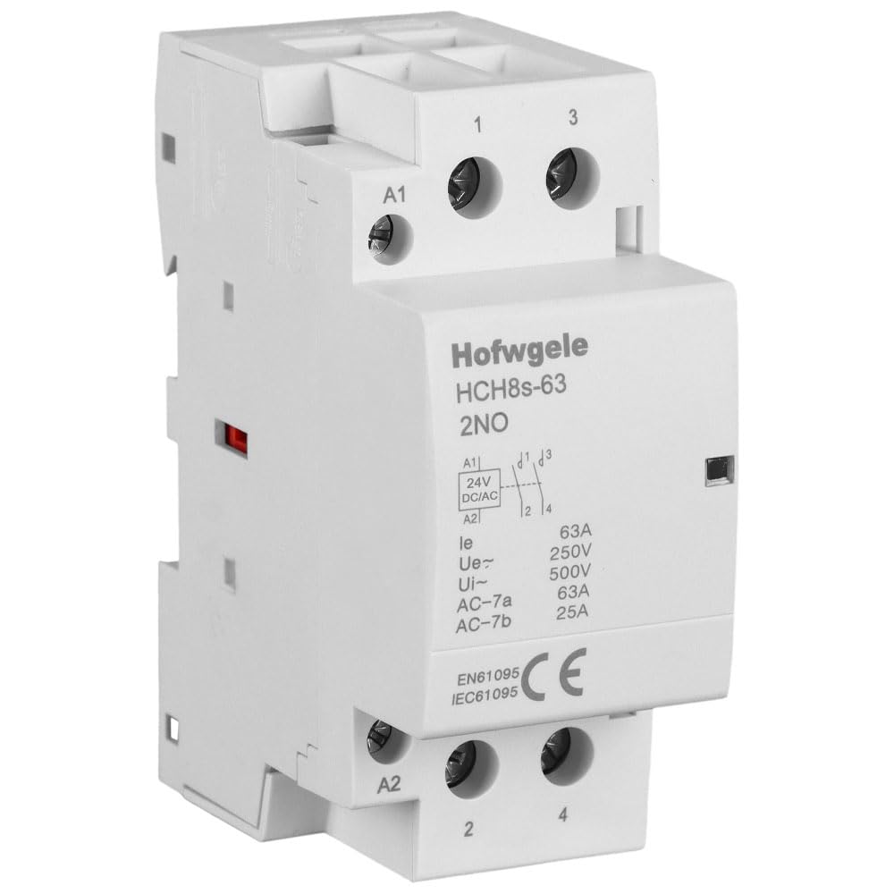Hofwgele HCH8s-63 DC Contactor 24V Coil 63A 2NO 2 Pole Universal Circuit Control Automatic Modular Contactor Household Circuit Control Din Rail Mount 2Pole 24V DC Coil contactor