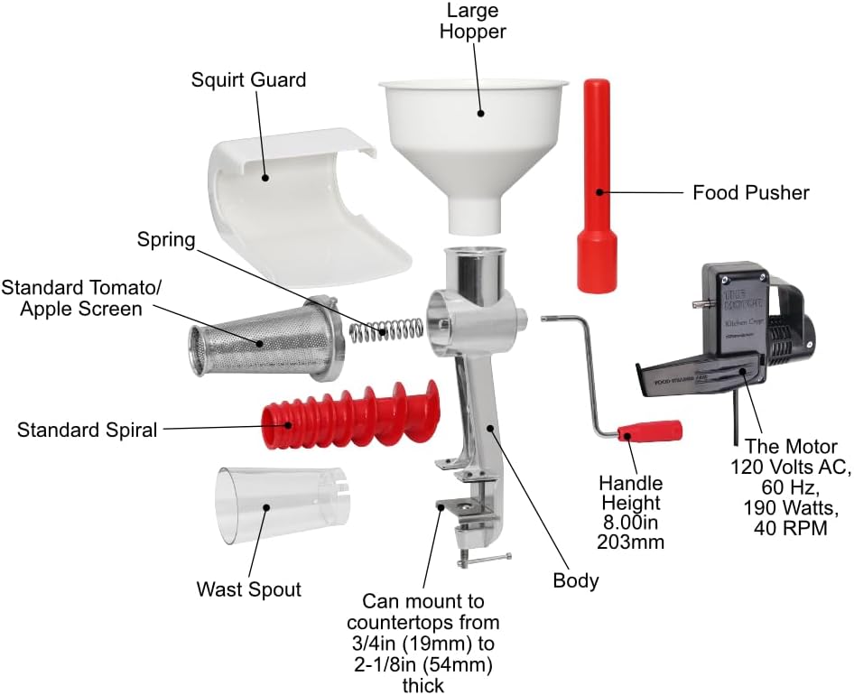 Johnny Apple Sauce Maker, Tomato Sauce Maker, Remove Skins & Seeds From Produce, Model 250 Clamp Based Food Strainer