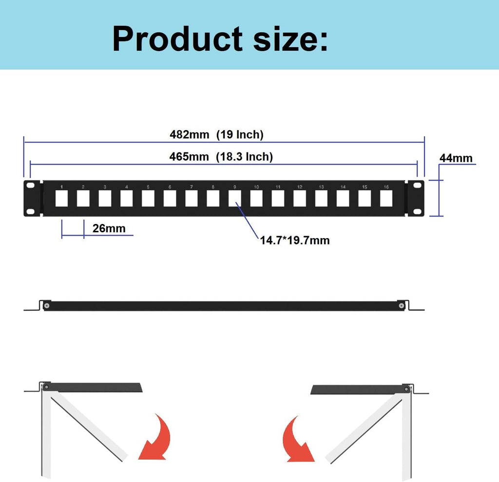 1U Hinged 16 Port Blank Keystone Patch Panel, Steel