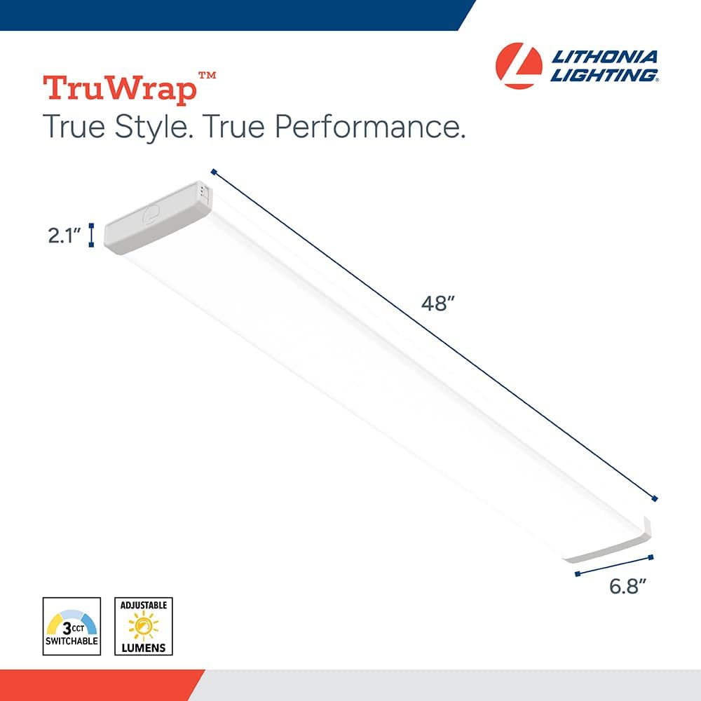 Lithonia Lighting TruWrap 4 Foot LED Ceiling Light Fixture, Low-Profile Wraparound LED Shop Light, Adjustable Lumens, Selectable Warm White/Cool White/Daylight Color, Flat Diffuser, Narrow Width