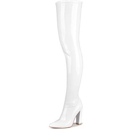 Women's Thigh High Boots Patent Leather Gogo Boots with Block Heel