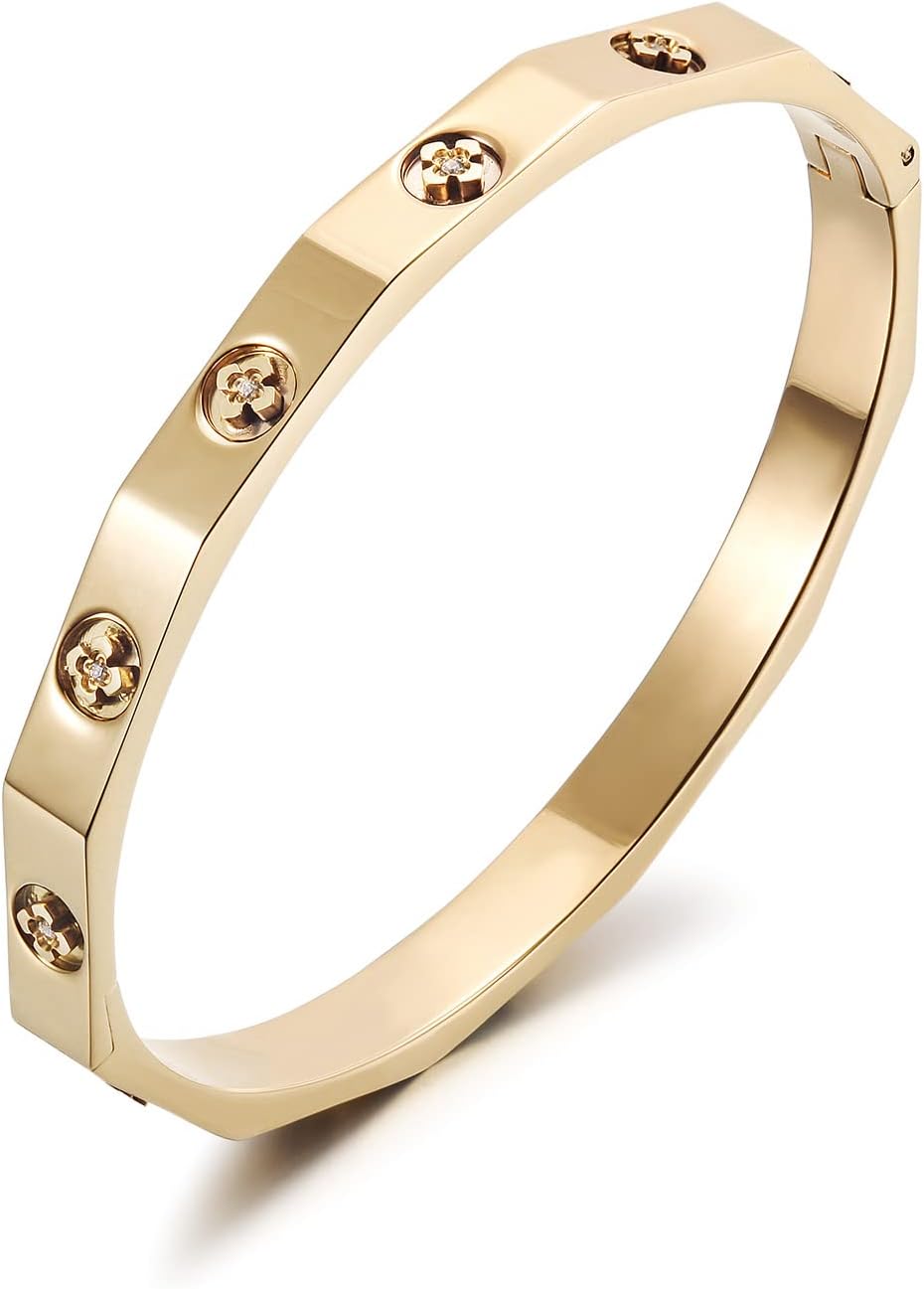 14K Gold Filled Floral Engraved Bangle Bracelet for Women, Charm Bracelet With Cubic Zirconia, 2.2” Inner Diameter