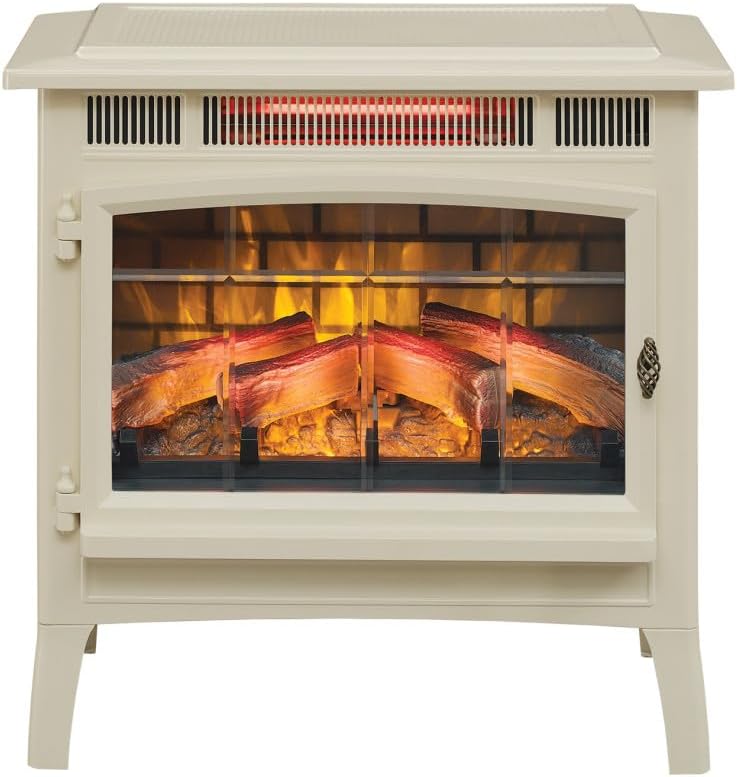 Freestanding Electric Fireplace Stove Heater with 3D Flame Effect for 1,000 Sq. Ft. Room, Cream