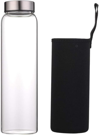 Glass Water Bottle 32 oz High Borosilicate with Neoprene Sleeve Leak Proof Lid Reusable Eco Friendly Bpa Free