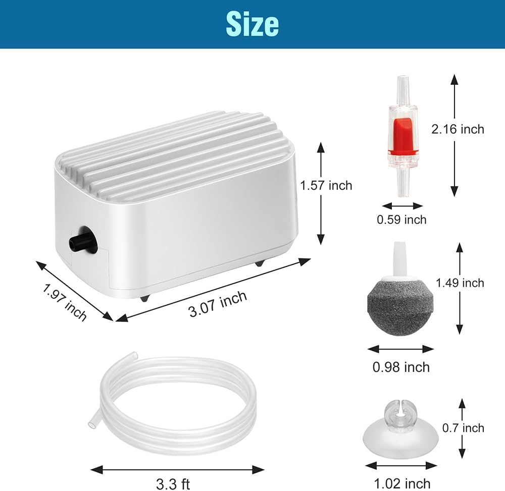 Quiet Aquarium Air Pump 3W Fish Tank Oxygen Aerator Pump with Air Stone Airline Tubing Check Valve Aquarium Bubbler