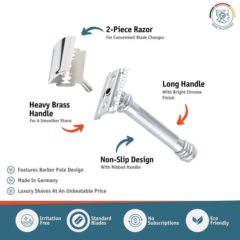 38C Double Edge Safety Razor - Bright Chrome, Extra Large Barber Pole Grip Brass Handle, Made in Germany