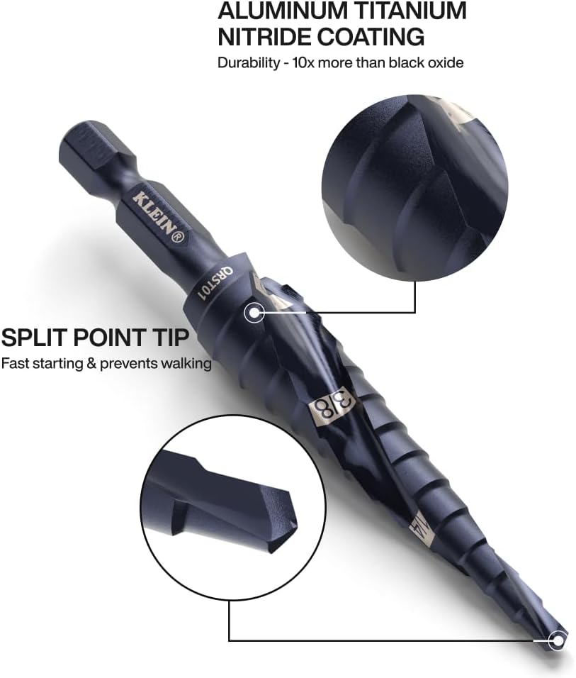 Klein Tools QRST2S Quick-Release Step Bit Set, 3-Piece, Durable Aluminum Titanium Coating, Impact-Rated Hex Shank