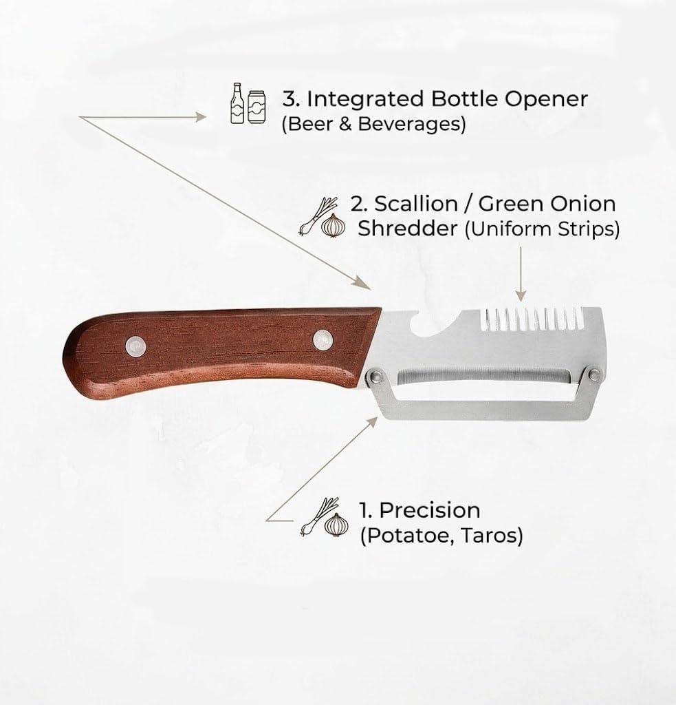 2-Pack Multifunctional Vegetable Peeler, 3 in 1 Kitchen Peeler with Wooden Handle, Grater & Bottle Opener for Potato