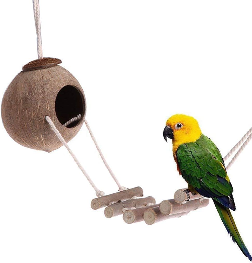 9-Piece Parakeet Toys & Budgie Toys, Bird Cage Accessories Set | Natural wood bird toys include coconut hideaway