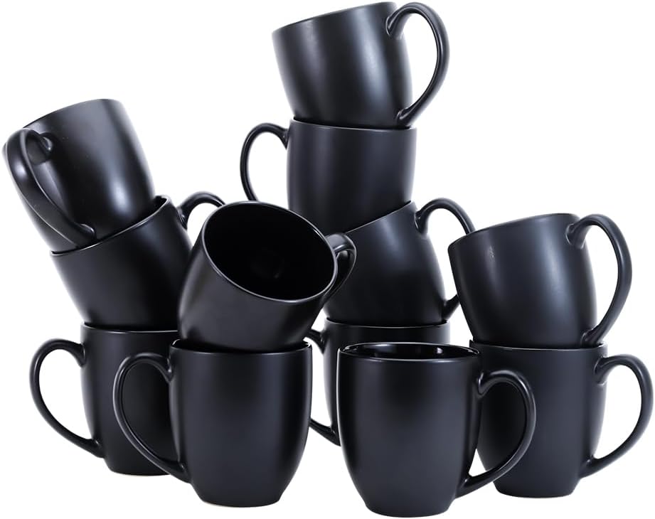 12-Pack Matte Black Ceramic Coffee Mug, 16 ounces, Microwave and Dishwasher Safe, Stoneware, Commercial-Grade