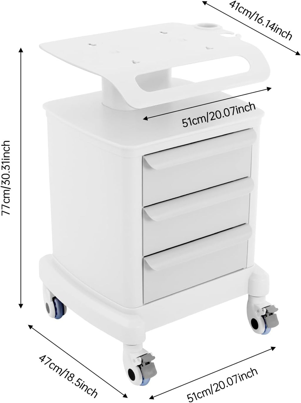 Medical Cart, Professional Mobile Medical Trolley with 4 Slient Wheels and 3 Drawers, 66.1LBS Load Capacity Salon