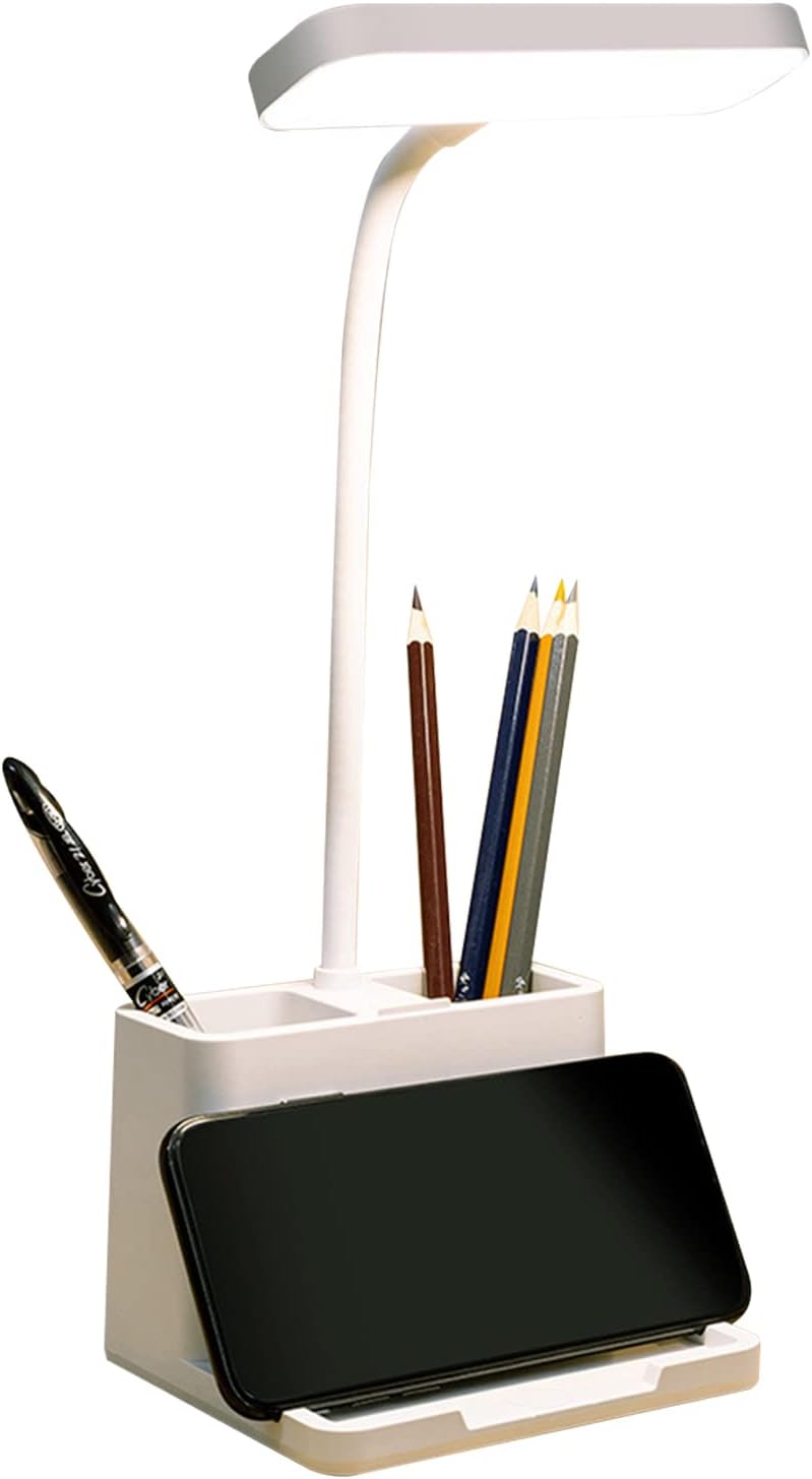 LED Small Desk Lamp with Pen Holder/Phone Holder Function, Rechargeable Desk Light with Flexible Gooseneck, 3 Modes
