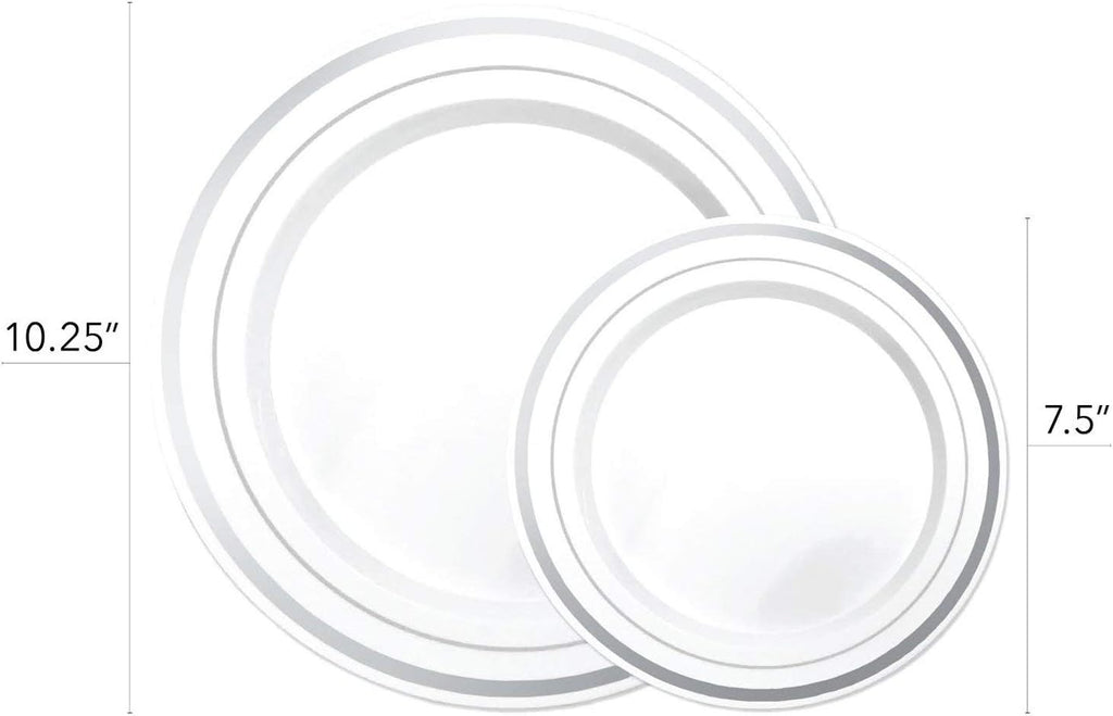 125-Piece White and Silver Fancy Plastic Plates Disposable with Silverware, Elegant Dinnerware for Weddings, Holiday