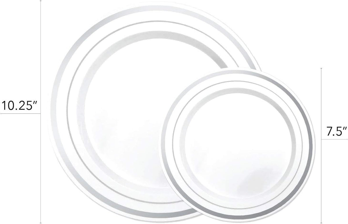 125-Piece White and Silver Fancy Plastic Plates Disposable with Silverware, Elegant Dinnerware for Weddings, Holiday