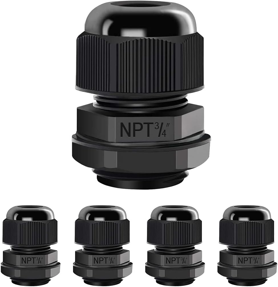 LeMotech 5 Pack NPT 3/4" Cable Glands Waterproof Adjustable 12.5-18mm Cable Connectors Black Nylon Joints with Gaskets