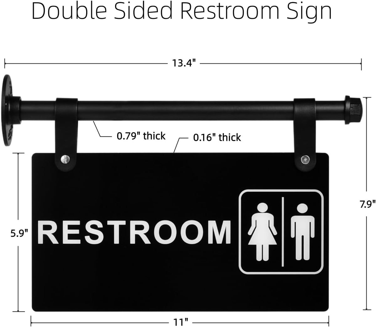Restroom Sign, Double Sided Black Hanging Wall-Mounted Bathroom Sign
