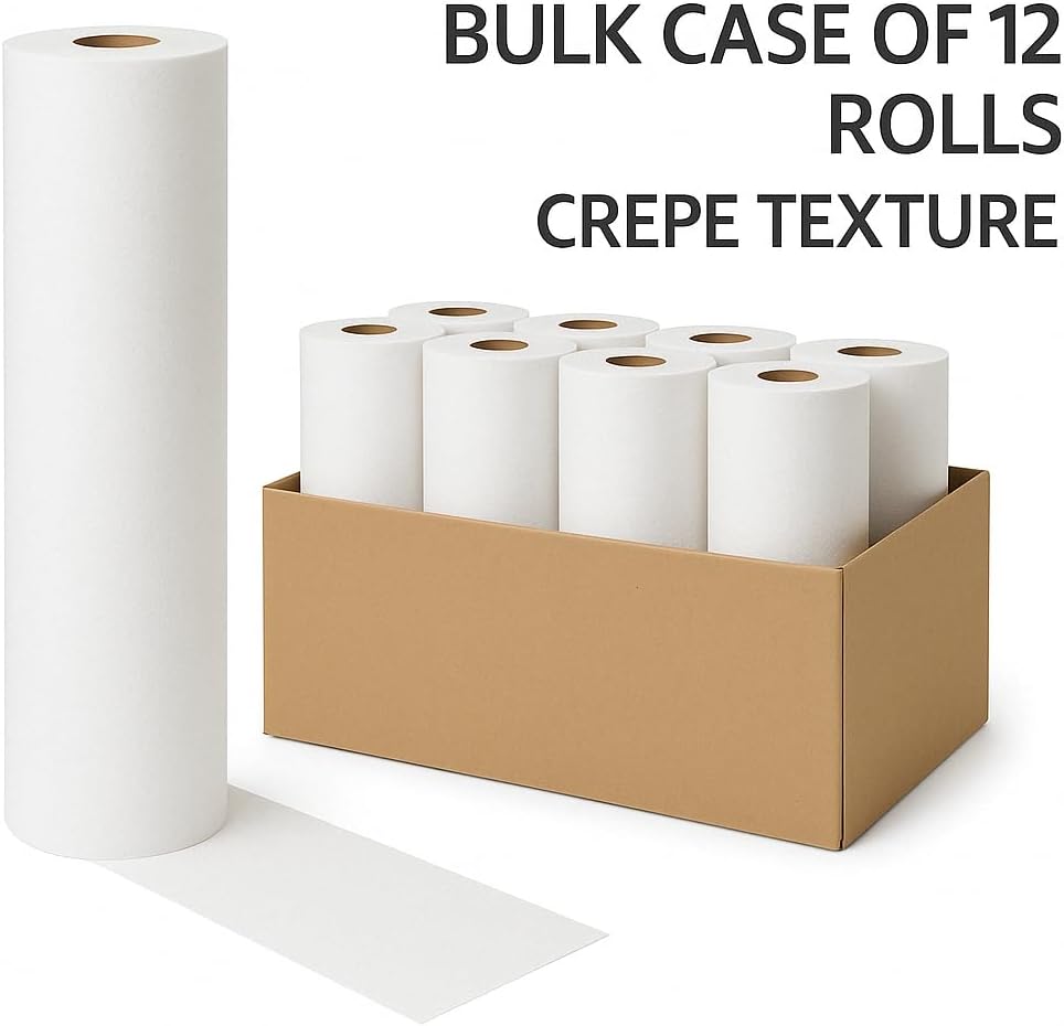 Crepe Exam Table Paper, 21” x 125’ – Pack of 12 Rolls – Soft, Durable Medical Exam Paper for Tables – Strong