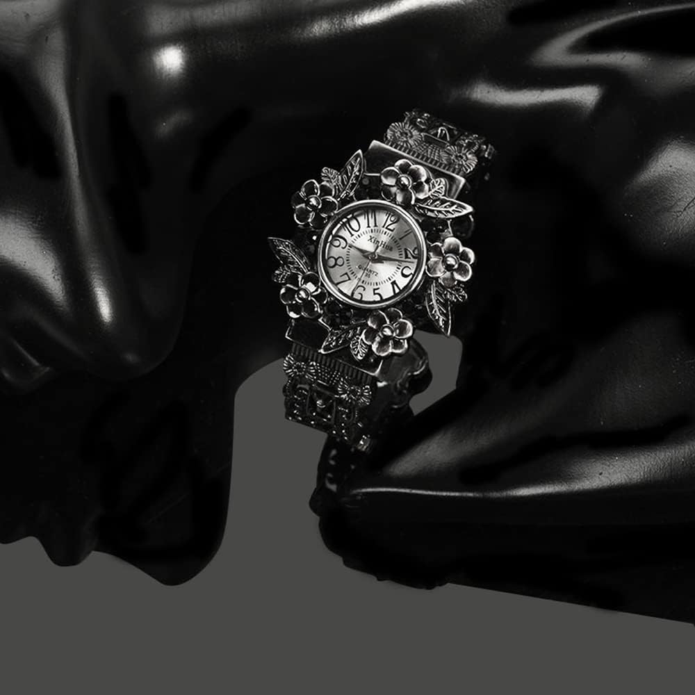 Women Vintage Cuff Bangle Bracelet Watch Carved Flowers Analog Quartz Wrist Watch