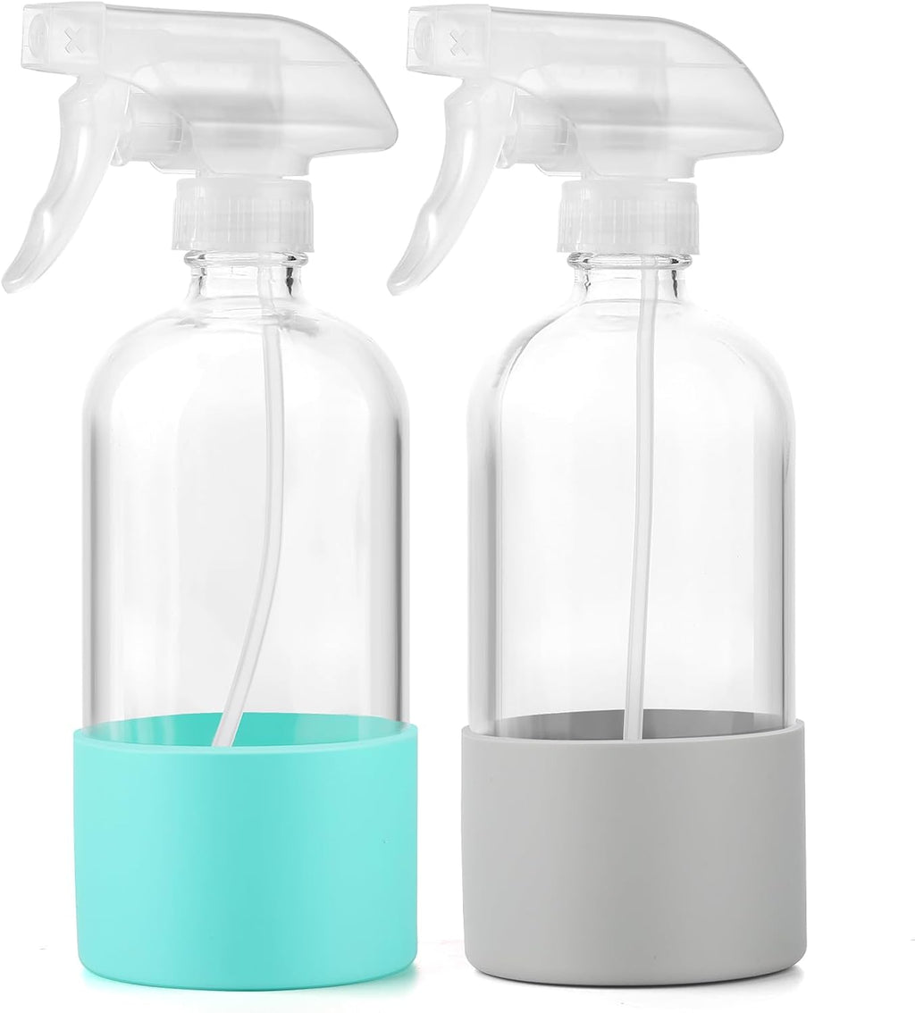 Glass Spray Bottles (2-Pack) with Silicone Sleeve - 16oz Empty Refillable Bottles - Adjustable Nozzle for Hair