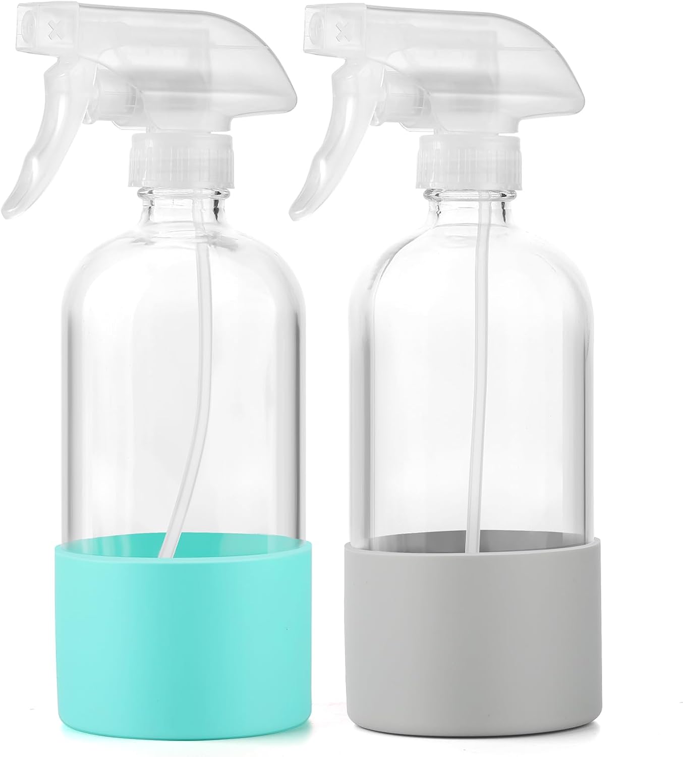 Glass Spray Bottles (2-Pack) with Silicone Sleeve - 16oz Empty Refillable Bottles - Adjustable Nozzle for Hair