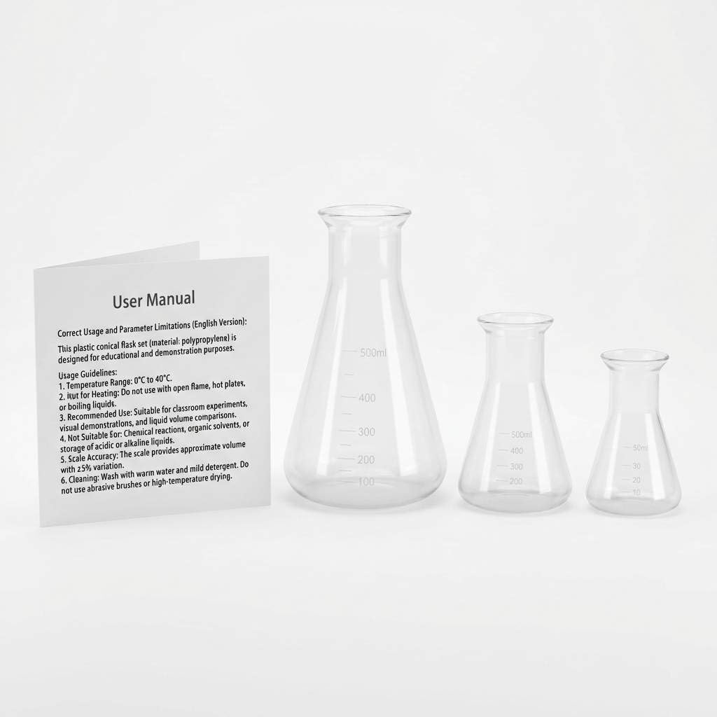 Plastic Conical Flask Set 50ml 100ml 500ml – Semi-Transparent Lab Flask for Teaching, Demonstration & Display