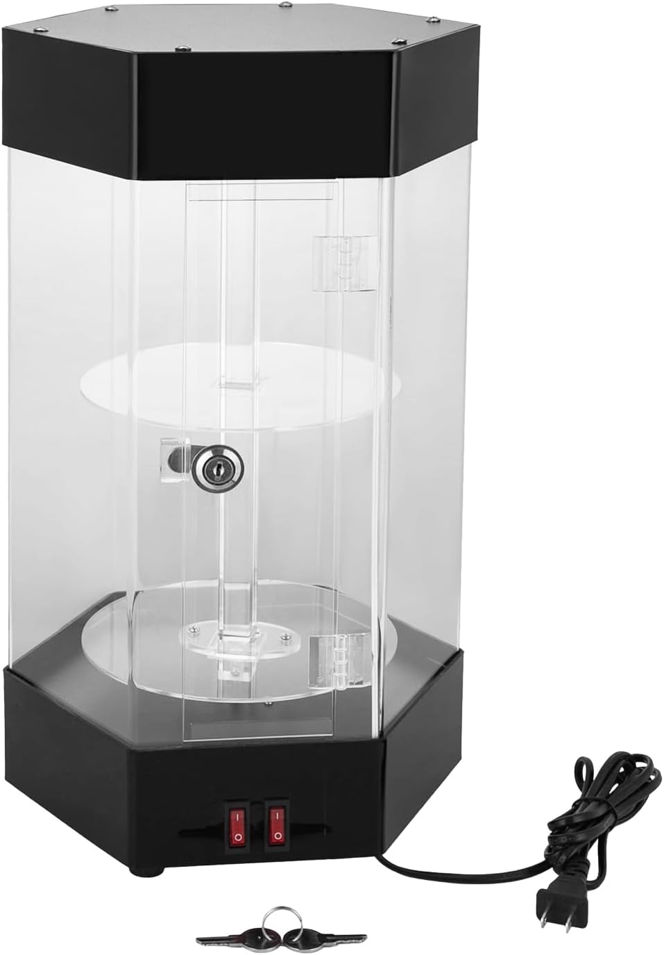 360° Electric Rotating Display Case, 2-Tier Jewelry Display Case Hexagonal Acrylic Showcase with Lockable Door and